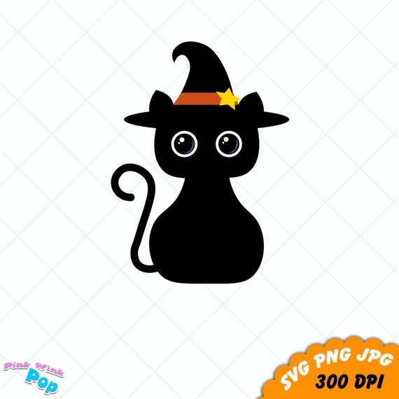 Black Cat SVG PNG JPG vector Halloween cat witches hat clipart transparent  signs printables tee shirts pins planner stickers home decor