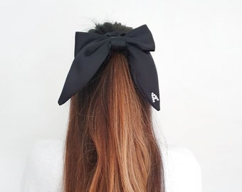 Monogram Bow Satin Skinny Scrunchie - Pearl Bead Personalisation - Made To Order Hair Accessories - Black