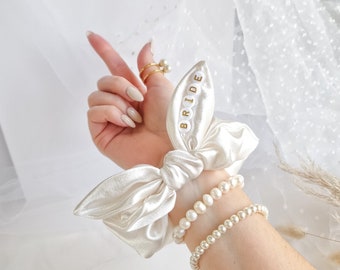 Personalised Bow Satin Scrunchie - White & Gold Letters - Made To Order Bridal Hair Accessories - Ivory
