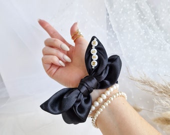 Personalised Bow Satin Scrunchie - White & Gold Letters - Made To Order Bridal Hair Accessories - Black