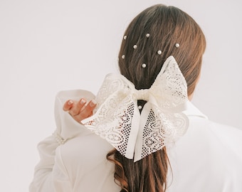 Chunky Lace Bow Barrette Hair Clip - Made To Order Bridal Hair Accessories - Ivory