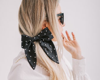 Pearl Bow Satin Barrette Hair Clip - Made To Order Bridal Hair Accessories - Black
