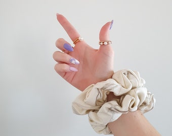 Cotton Linen Scrunchie - Made To Order Hair Accessories - Cream - Abstract Lines Embroidery