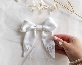 Mini Me Monogram Bow Satin Barrette Hair Clip - Pearl Bead Personalisation - Made To Order Bridal Hair Accessories - White