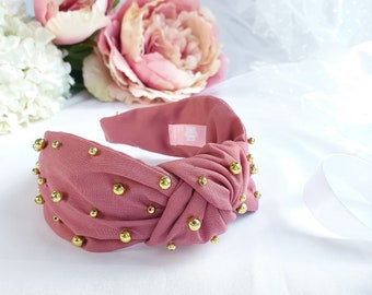 Knot Headband - Cotton Embellished With Gold Beads - Handmade Hair Accessories - Burgundy