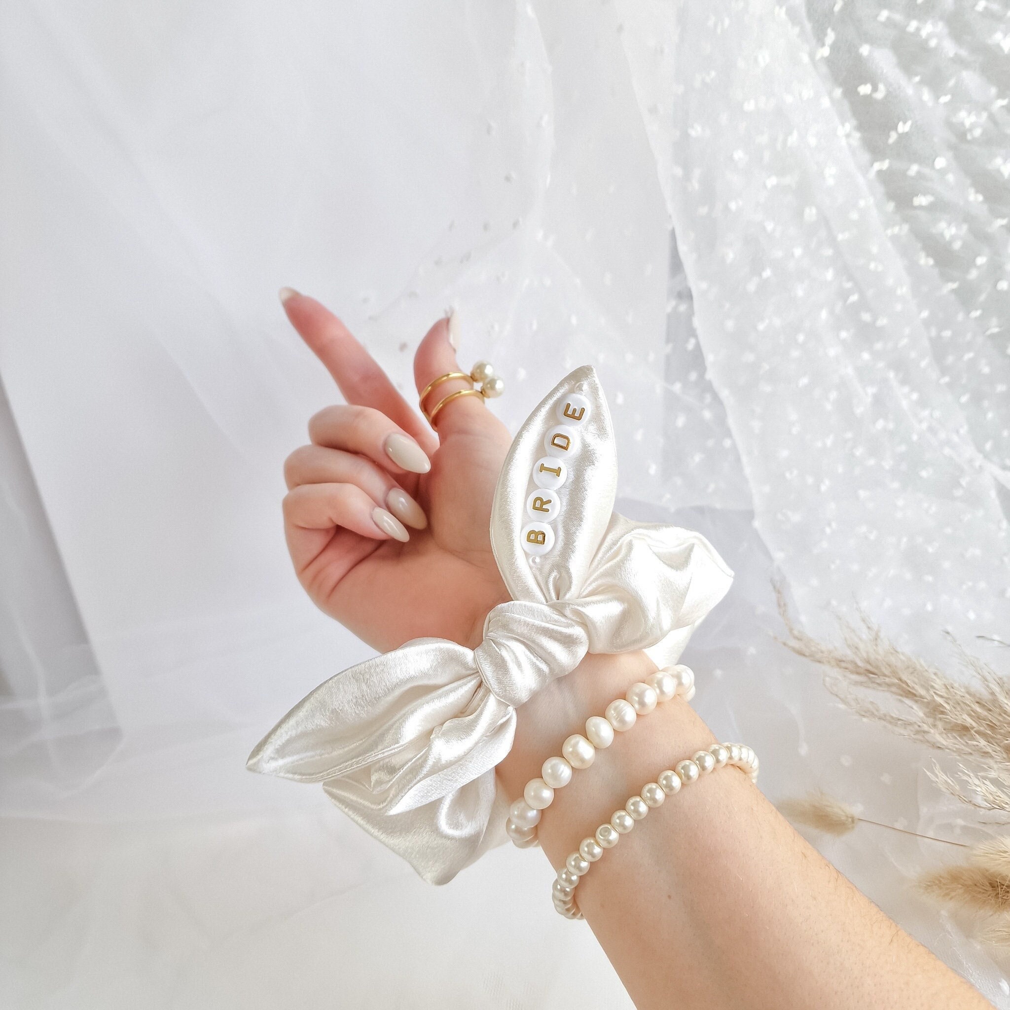 Personalised Bow Satin Scrunchie - White & Gold Letters - Made To Order Bridal Hair Accessories - Ivory