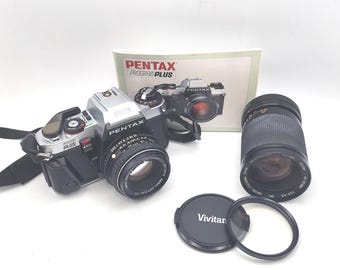 Pentax Program Plus 35mm SLR Film Camera w/ SMC Pentax-M 50mm F2 Lens, Vivitar 28-85mm f3.5-4.5 MC Macro Focusing Zoom & Instructions