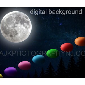 Easter digital background, giant Easter egg stairs, starry night sky, large moon, digital backdrop