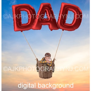 Happy Father's Day digital background, giant red balloons spelling DAD, hot air balloon, digital backdrop