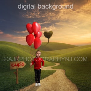 Valentines Day digital background, wood sign showing path to cupid, green field, beautiful sunset, heart shaped tree, digital backdrop