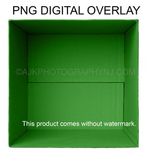 Plantilla de caja de cartón vacía verde individual, superposición PNG, caja navideña, superposición digital PNG