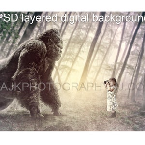 Gorilla in misty forest digital backdrop