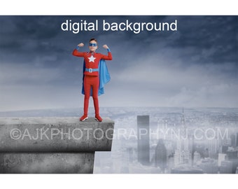 Superhero digital background, building ledge overlooking New York City, digital backdrop