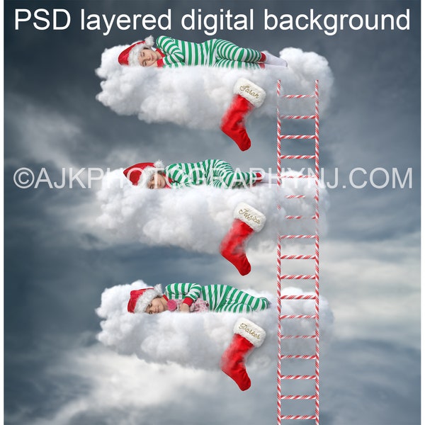 Christmas digital backdrop, cloud triple bunk bed, candy cane ladder, Christmas stockings, digital background