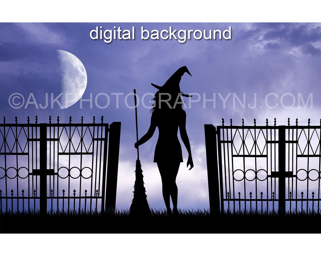 Witch Silhouette in Front of Fence and Moon Halloween Digital Backdrop -  Etsy Israel, image size:1080x864