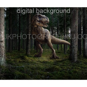 cenário digital de dinossauro, T-Rex na floresta, Tiranossauro Rex na floresta, fundo digital