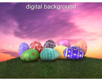 Giant Easter eggs in a field of grass with pink sky and clouds digital background