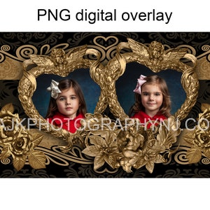 Valentine digital backdrop, gold heart shaped frame, PNG template, PNG overlay, digital background