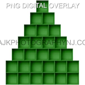 Superposición PNG, plantilla de 27 cajas de cartón vacías verdes, cajas con forma de árbol de Navidad, superposición digital PNG