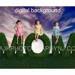 Mother's Day digital background, bush letters spelling MOM in grassy field and blue sky, digital backdrop