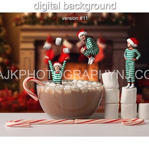 Heiße Schokolade in Schüssel mit Zuckerstangen und Marshmallows, Marshmallow-Treppe, Weihnachtswohnzimmer digitaler Hintergrund Version 11
