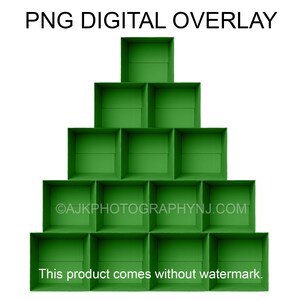 Plantilla de 14 cajas de cartón vacías verdes, superposición PNG, cajas con forma de árbol de Navidad, superposición digital PNG