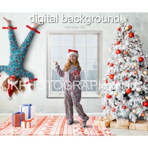 Kinderen geplakt op een muur in de woonkamer, digitale kerstachtergrondversie #2