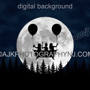 Digital backdrop, flying bathtub silhouette, large moon, forest, bubbles, digital background #2