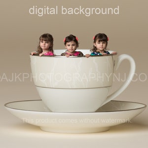 digital backdrop, giant teacup, miniature person in teacup, digital background