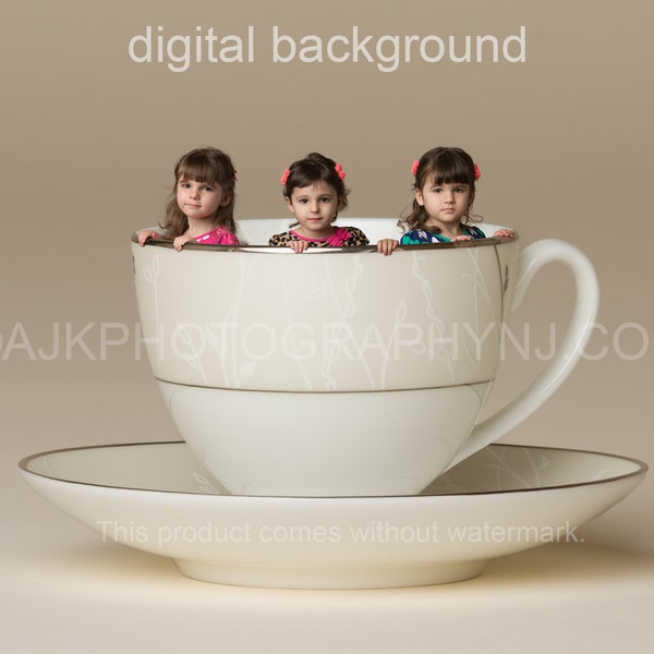 digital backdrop, giant teacup, miniature person in teacup, digital background