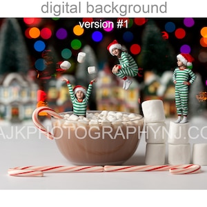 May include: A digital background image featuring a mug of hot chocolate with marshmallows, two children wearing green and white striped pajamas and Santa hats, and candy canes. The background is a blurry image of a Christmas tree with colorful lights.