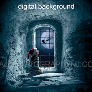 Christmas window digital backdrop, Christmas window in cellar, Santa and reindeer in sleigh, large moon, digital background