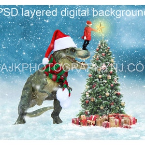 Fondo digital navideño, dinosaurio T Rex frente a un árbol de Navidad como fondo digital.