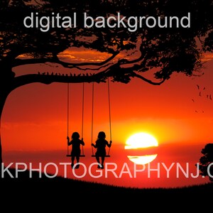 May include: Silhouette of two people on a swing set against a vibrant orange sunset with a large sun in the background. The swing set is hanging from a large tree with birds flying in the sky. The text "CAJKPHOTOGRAPHYNJ.COM" is at the bottom of the image.