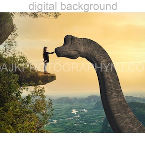 dinosaur digital backdrop, brachiosaurus by edge of cliff, child petting dinosaur, view of valley, digital background