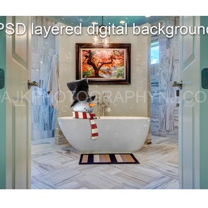 Winter digital backdrop, snowman in bathtub, digital background