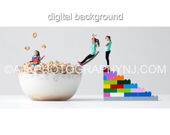 Digital backdrop, children playing in giant cereal bowl, colorful stairs, digital background