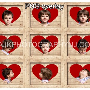 Valentines Day digital background, heart shaped holes in 9 boxes, PNG digital overlay, box overlay template, Valentine PNG, digital backdrop