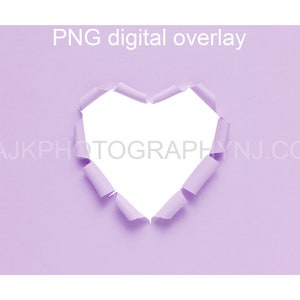 Sfondo digitale di San Valentino, foro a forma di cuore in carta viola, sovrapposizione digitale PNG, sfondo digitale