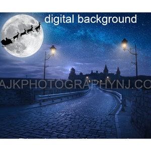 Santa digital background, Santa Claus flying in sleigh across moon over a castle, Christmas digital backdrop