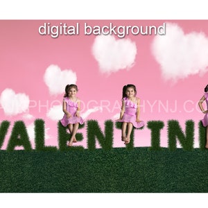 Valentines Day digital background, grass letters spelling valentine, heart shaped clouds, pink sky, digital backdrop