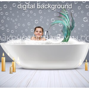 Meerjungfrau digitaler Hintergrund, Meerjungfrauenschwanz in der Badewanne, grüner Schwanz, schwimmende Blasen, digitaler Hintergrund