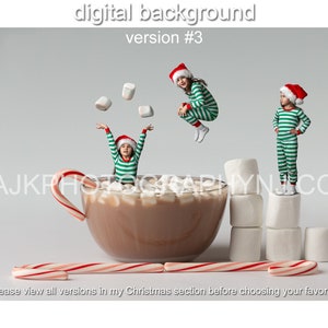 Digitale kerstachtergrond, warme chocolademelk in kom met zuurstokken en marshmallows, digitale achtergrondversie 3.