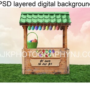 Ostereier zu verkaufen, hölzerner Marktstand in der Wiese, Oster digitaler Hintergrund