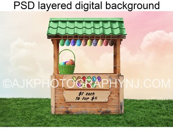 Easter eggs for sale, wooden market booth in grassy field, Easter digital backdrop