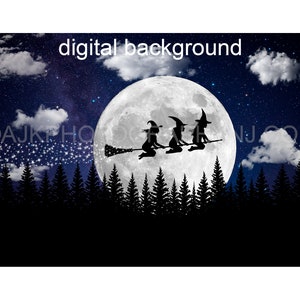 Silhouette digital backdrop, witch on broomstick flying in front of the moon, Halloween digital background