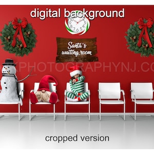 May include: A red wall with four white chairs, a snowman, a gnome, and a child in a striped shirt and Santa hat. There is a clock with a candy cane design, a wreath with a red bow, and a sign that says "Santa's waiting room".
