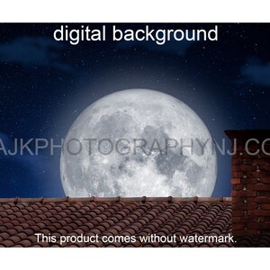 Large moon above rooftop with chimney digital background