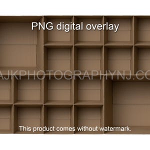 Plantilla de 18 cajas de cartón vacías, 16 estudiantes y 2 profesores, plantilla de foto de clase, superposición digital PNG