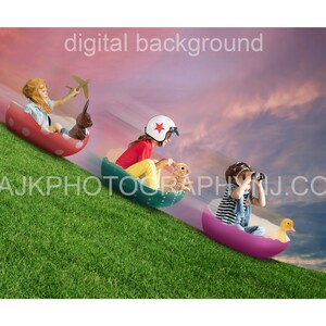 Easter digital backdrop, giant Easter egg sleds on grassy hill, giant Easter eggs, digital background